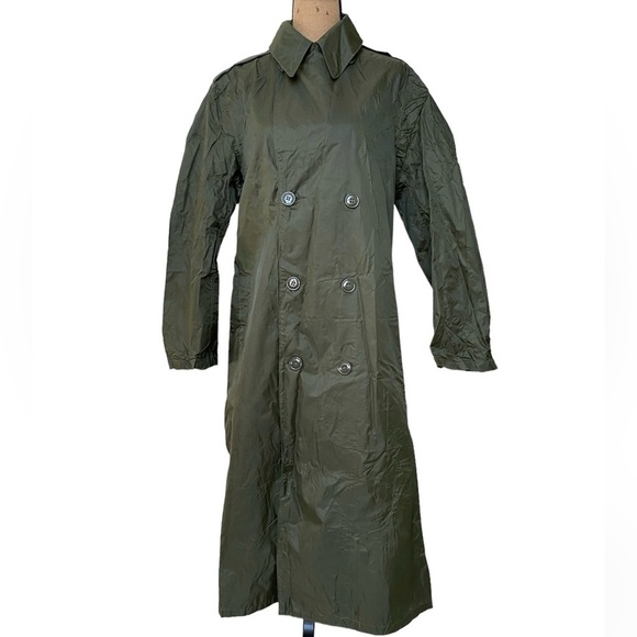 Vintage 1968 US Army Green Trench Rain Coat Nylon Rubber Coated Long Men’s Small - Picture 1 of 11